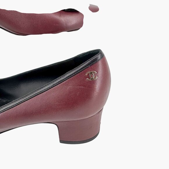 Chanel Pointed Toe Bow Pumps Size 38 US 7-7.5 Maroon Leather CC Mid Block Heel - Picture 9 of 15